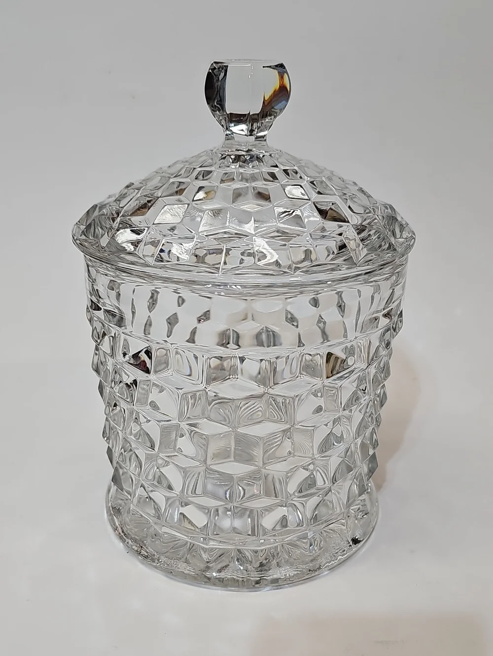 Vintage Fostoria American Clear Cube Motif Pressed Glass Cookie Jar & Lid